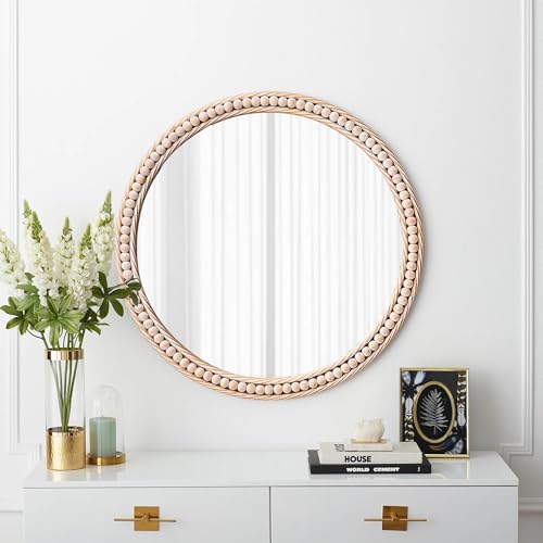 Gluck Plants Gold Round Mirror - 24" Rustic Beaded Farmhouse Decorative Accent Mirror for Bathroom, Living Room, Bedroom, Fireplace, Hallway