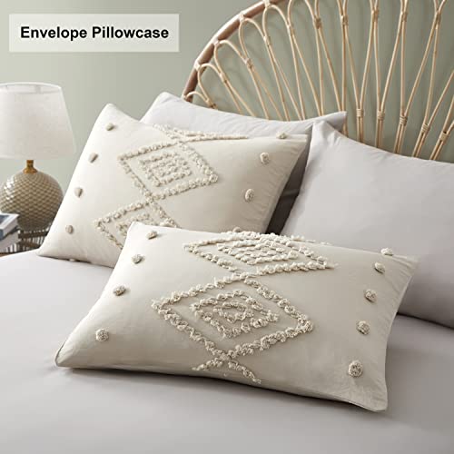 Oli Anderson Tufted Duvet Cover Queen Size, Soft and Lightweight Duvet Covers Set for All Seasons, 3 Pieces Boho Embroidery Shabby Chic Bedding Set (Beige, Queen, 90" x 90") - color: Beige, size: Full/Queen(90"×90")