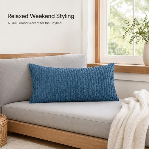 JoraLion 12x24 Boho Decorative Lumbar Throw Pillow Cover, Blue Cozy Soft Striped Corduroy Long Rectangle Cushion Case Accent Home Decor for Sofa Bed Room Livingroom, ONLY Cover - color: Blue, size: 24" x 12" (Pack of 1)