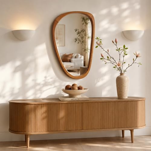 Solid Wood 36"x24" Modern Organic Asymmetrical Mirror, Warm Walnut Irregular Wooden Wall-Mounted Mirror, Sculptural Spa-Like Bathroom Vanity Mirror, Honey Walnut - color: Walnut, size: 36"L x 24"W