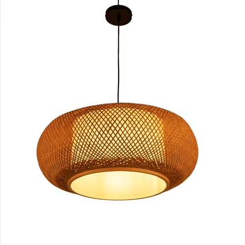 Rattan Lantern Pendant Light, 23.5" Retro Ceiling Light 40W Bamboo Wicker Fixture 60CM Vintage Weaving Pendant Lamp Chandelier Rattan Hanging Lights Fixture for Kitchen Island Living Room Bedroom