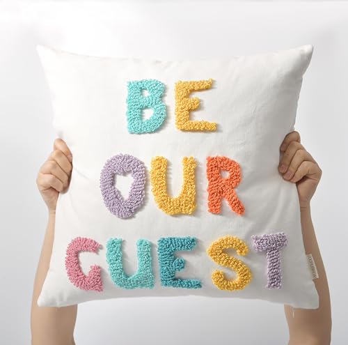 "Be Our Guest Boho Pillow Covers 18X18 Inch Decorative Words Tufted Throw Pillow Covers Farmhouse Pillow Case for Couch Sofa Bed Living Room Bedroom, Teal/Yellow/Lilac - color: Be Our Guest, size: 18" x 18" (Pack of 1)