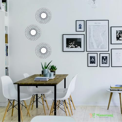 Black Mirrors 3 Piece, Sunburst Mirror Hanging Wall Decor, 9 inch Decorative Mirrors Wall Art, Rhinestone Round Mirror for Bedroom, Valentine, Kitchen, House Warming Valentine Gifts - color: Black- C