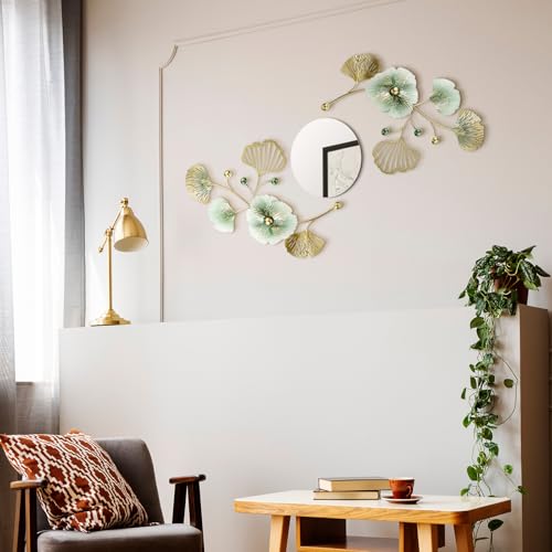 Tandefio 3 Pcs Metal Decorative Wall Mirrors for Living Room Metal Ginkgo Leaf Mirror Modern Creative Wall Decor Art Hanging Decor Mirror for Entrance Bedroom Living Room (Gold Green,16.inches) - color: Gold Green
