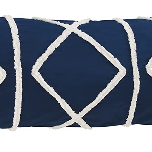 Bohemian Boho Chic Dark Navy Blue and Ivory Macrame Tufted Tassel Accent Decorative Couch Long Throw Zipper Body Pillow Cover Case 54x20 Solid Textured Minimalist Fringe Farmhouse Geometric Room Decor - color: Navy Tufted