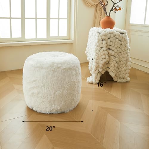 XeGe Fluffy Faux Fur Inflatable Pouf Ottoman, Soft Portable Shaggy Fuzzy Foot Stool Ivory, Plush Furry Foot Rest Floor Pouf Anti-Slip, Round Ottoman Cushion Living Room Bedroom Patio Dorm, Beige - color: Beige, size: 20"x20"x16"