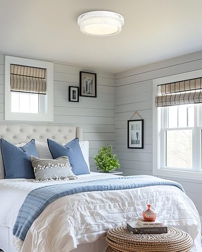Rattan Light Fixtures Ceiling Mount, HWH 15W LED Flush Mount Ceiling Light 13'' Boho Twine Light Fixtures Coastal Lighting Fixtures, White Finish, 5HYS78F-LED WH - color: White, size: 13 Inch