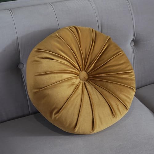 Round Throw Pillow, 13.7” Solid Color Decorative Round Dutch Velvet Floor Pillows Pleated Round Throw Pillow Floor Cushion Pillows for Sofa Couch Chair Bed Living Room, Yellow - color: Yellow