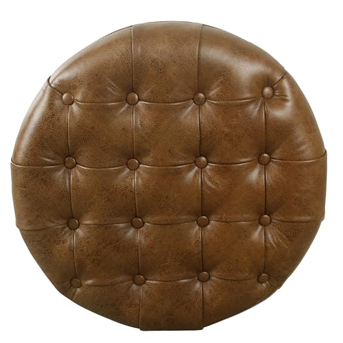 HomePop 25" Button Tufted Round Storage Ottoman - Brown Faux Leather - color: Light Brown