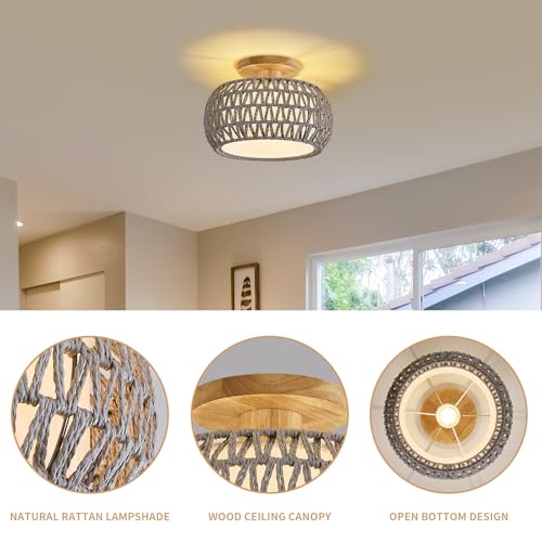 Boho Rattan Ceiling Light Fixture - 3 Style Options Wicker Semi Flush Mount Ceiling Lights,Grey Coastal Light Fixtures,Bohemian Woven Basket Chandelier for Hallway Bedroom Nursery Kitchen Laundry - color: Gray