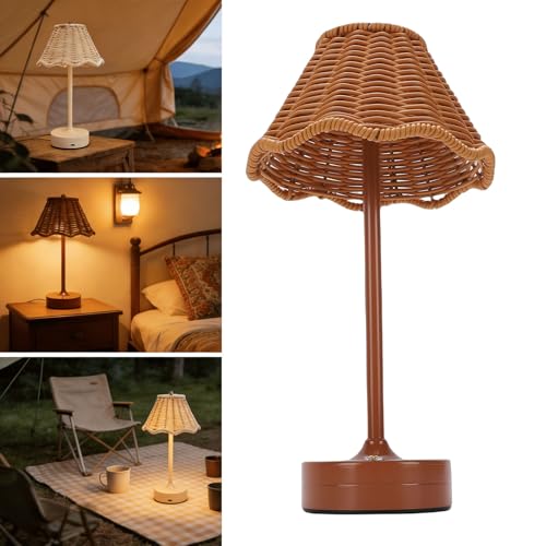 Boho Rattan Shade Table Lamp, Cordless Wicker Woven Vintage Table Lamp, 3 Colors Dimmable with Decorative Design, Ideal for Home Bedroom Living Room Office Decor (Brown) - color: Brown