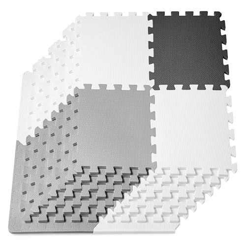 ProSource Baby Play Mat, Soft Foam Floor Tiles for Kids, Interlocking EVA Panels for Playpen Use, Crawling Development Surface, Safe Non-Toxic Toddler Flooring, 32 Tiles, Black/Gray/White - color: Black/Gray/White, size: 32 Tiles
