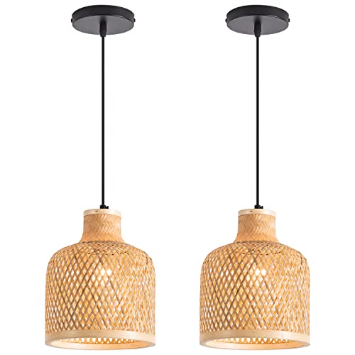 Modern Bamboo Woven Pendant Light, 2 Pack 7.8" Dome Coastal Bamboo Wicker Dome Pendant Lighting Fixture for Kitchen Dining Room Living Room Foyer - color: 7.8"- 2 Pack