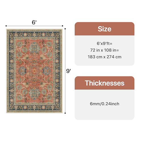 Bavni Floral Area Rugs 6x9, Vintage Accent Living Room Rug, Distressed Washable Rug Non Slip Stain Resistant, Low Pile Thin Soft Coral Blue Large Carpet for Bedroom, Dining Room, Home Office, Nursery - color: Coral Blue, size: 6' x 9' (Rectangular)