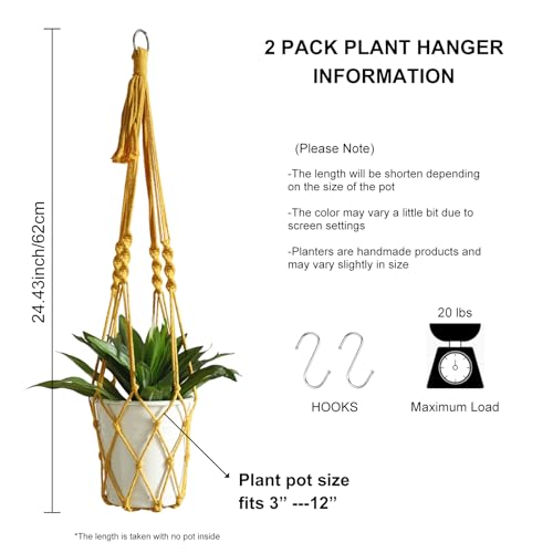 Artilady Boho Macrame Plant Hangers - Handmade Hemp Rope Hanging Baskets for Plants with Ceiling Hooks, Bohemian Home Decor Wall Art (Ginger-Yellow-2pcs) - color: Ginger-yellow-2pcs