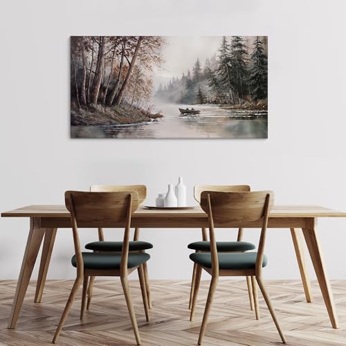 HGUAOA Mountain Canvas Wall Art Rustic Lake Landscape - Nature & Forest Scenery Paintings Pictures for Living Room & Bedroom Wall Decor Vintage Artwork for Walls - color: Rustic, size: 40"L x 20"W