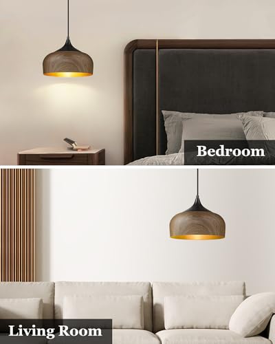 ELYONA Modern Bauhaus Pendant Light Walnut Wooden Pattern Dome Pendant Light Fixture Matte Black Metal Gold Inner Adjustable Hanging Lighting for Kitchen Island Dining Room Office Hallway Bedroom - color: Walnut & Black