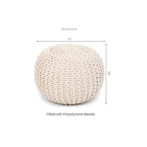 REDEARTH Round Pouf Ottoman –18"x18"x14" Hand-Knitted Cotton Pouffe –Cable Footstool –Boho Dori Hassock –Pre-Stuffed Poof – Extra Seat -Poofy Footrest for Living Room, Bedroom, Nursery, Nook –Ivory - color: Ivory3, size: 18"D x 18"W x 14"H