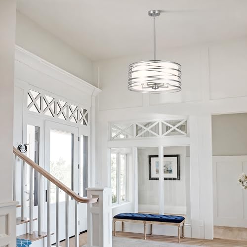 ACNKTZ 19.7'' Brushed Nickel Drum Chandeliers for Dining Room, 5-Lights Kitchen Chandeliers Over Table, Entryway Light Fixture Hanging, Industrial Round Chandelier for Living Room Stairwell Bedroom - color: Brushed Nickel, size: 19.7"/5-Light