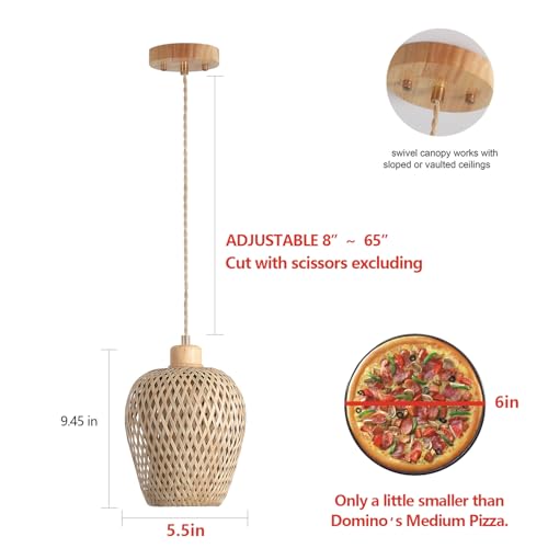 Bamboo Pendant Light Fixture One-Light Adjustable Boho Basket Handmade Woven Mini Pendant Lighting for Kitchen Island Sink Farmhouse Home - color: Natural-5
