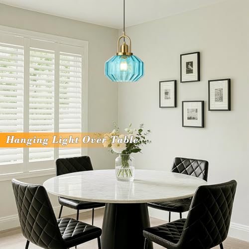 9in Mid Century Modern Pendant Light, Gold and Small Blue Glass | Vintage Lighting Fixture Ceiling Hanging Lamp for Kitchen Island Foyer Dining Room Bedroom Entryway Hallway Over Sink Table - color: Blue & Gold Hardwire, size: 9in