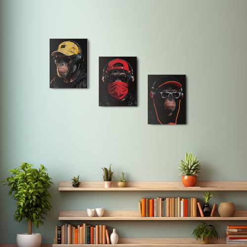 3 Pcs Cool Monkeys with Bandanas & Caps Wall Art, Funny Monkeys Art Canvas Framed Prints for Bedroom Living Room Office Cafe Bar Wall Decor, Housewarming Gifts 11.5x15 Inch - color: Multi 1364
