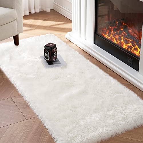 Faux Fur Rug, White Small Fluffy Rug for Sofa Chair Couch Cover 2x4 Feet, Ultra Soft Fuzzy Shag Rug for Bedroom, Indoor Shaggy Plush Floor Carpets Luxury Home Decor for Bedside - color: White, size: 4' x 2' (Rectangular)