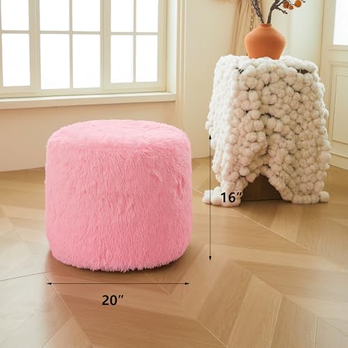 XeGe Fluffy Faux Fur Inflatable Pouf Ottoman, Cozy Shaggy Fuzzy Foot Stool, Plush Furry Foot Rest Floor Pouf Anti-Slip Kid Girl Adult, Foldable Round Ottoman Cushion for Living Room Bedroom, Pink - color: Pink, size: 20"x20"x16"