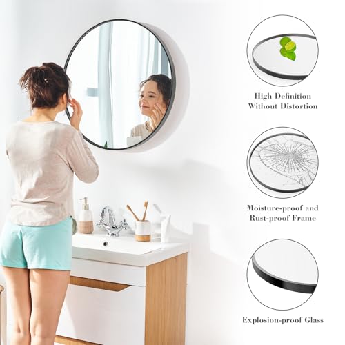 NEWBULIG 30IN Round Bathroom Wall Mirror, Modern Vanity Mirrors for Over Sink, HD Glass Decorative for Entryway, Bedroom & Living Room, Anti-Rust, Tempered Glass, Hanging or Leaning, Black - color: Black, size: 30.1"L x 30"W