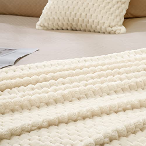 Vessia Flannel Fleece Throw Blanket(50x71inch) with Pillow Cover(18x18Inch), 3D Jacquard Cream Fuzzy Blanket for Couch,Sofa,Bed,Chair, 300GSM Super Soft Cozy Lightweight Throw for All-Season - color: Cream-3d, size: 50x71 inch + Pillow Cover