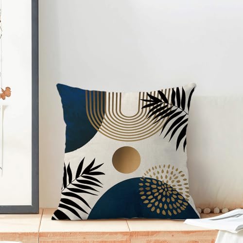 Boho Pillow Covers 16x16 Set of 2 Navy Blue Black Gold Tropical Leaf Geometric Throw Pillow Covers Outdoor Decor Mid Century Modern Abstract Pillowcase Decorative Cushion Case for Home Couch - color: Boho-navy Blue-tropical Leaves, size: 16" x 16" (Pack o