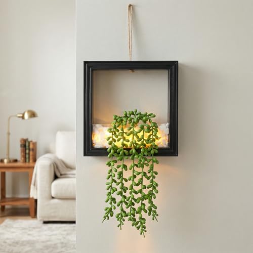 2 Pack Fake Plants Hanging, Artificial Succulents Plants in Square Wooden Frame with Glow Accents, Boho Wall Decor for Office Living Room Bathroom Bedroom Kitchen Indoor Outdoor, Black - color: Black
