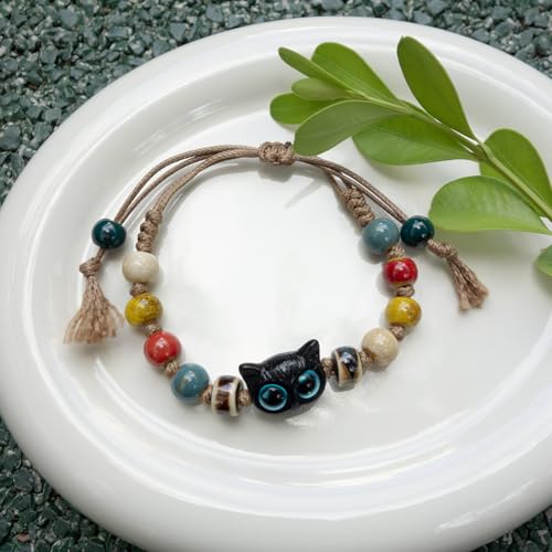 Handmade Green Boho Bracelets for Women, Bohemian Ceramic Beads Bracelets for Friends, Trendy Porcelain Stone Beaded Bracelets for Sisters - color: Colorful-Cat