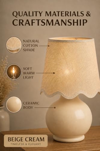 Benton Ceramic Table Lamp with Fabric Shade – 13" Bedside Accent Lamp for Bedroom, Living Room & Nightstand (Beige Cream) - color: Beige Cream