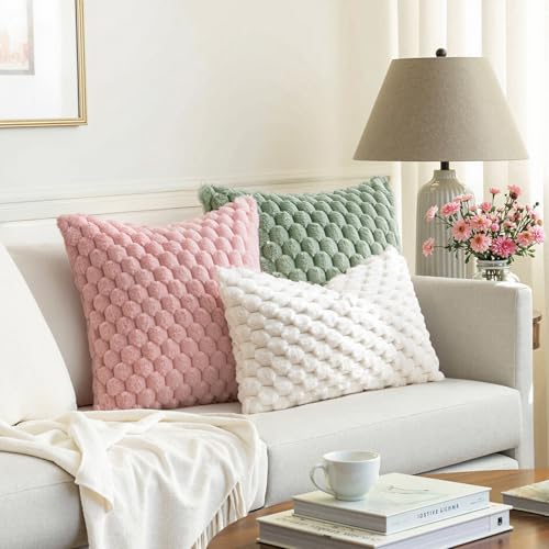 MIULEE Cute Pink Spring Faux Fur Decorative Throw Pillow Covers 16x16 Inch Set of 2 Super Soft Cozy Plush Cushion Cases Luxury Fluffy Pillowcases for Sofa Couch Bed Living Room Valentine Decor - color: Pink, size: 16" x 16" (Pack of 2)