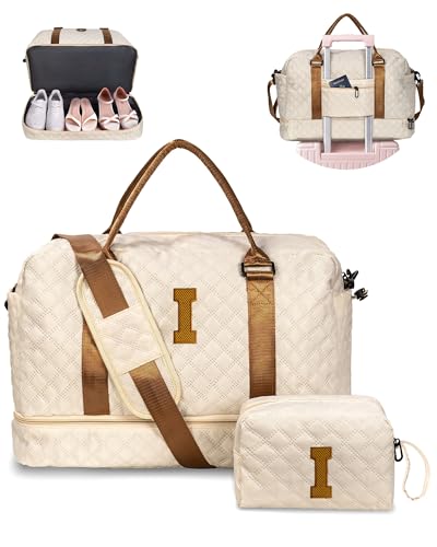Gifts for Friends-Initial Duffle Bag with Shoe Compartment, Personalized Weekender Bag, Monogram Overnight Bag, Travel Bag with Makeup Bag，Birthday Gifts Bag for Daughter Sister (Letter I) - color: Beige, style: I