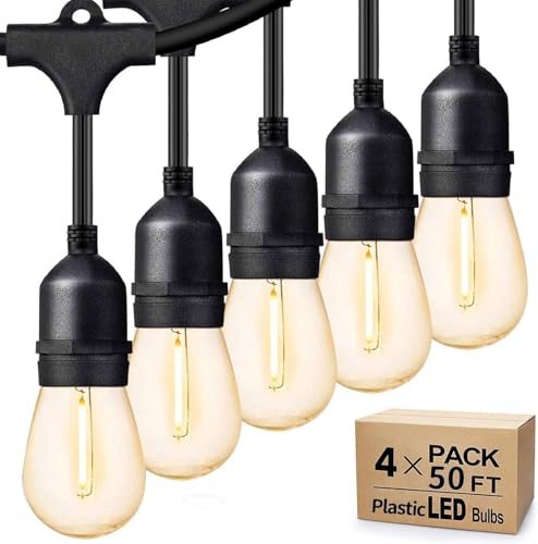 Svater Outdoor String Lights 200 FT, E26 Socket, 64pc S14 Shatterpoof Bulbs, 1 Watt Dimmable 2700K Warm White, IP65 Waterproof Commercial Grade Patio Light (4 Pack X 50FT) - size: 200FT