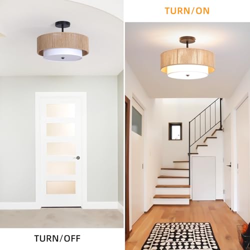 Bohemian Semi-Recessed Pendant Light Wicker Ceiling Lamp 16-Inch Farmhouse-Style Pendant with Natural Hemp Rope Fabric Shade Suitable for Dining Room/Living Room/Bedroom/Kitchen - color: 16'' Hemp rope&Fabric Gold