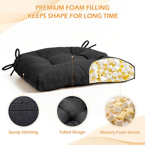 Chair Cushions for Dining Chairs Set of 4, Non Slip Indoor Kitchen Chair Cushions with Ties, Tufted Memory Foam Seat Chair Pads, 17" x 16" x 3", Black - color: Black, size: Pack of 4