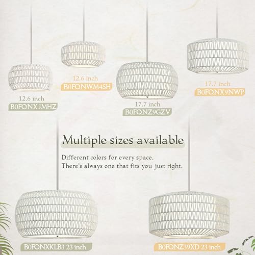 12.6 inch White Rattan Light Fixture Rattan Farmhouse Light Fixture Hand-Woven Pendant Lights Fabric Shade Boho Chandelier for Kitchen Dinning Room (Bulb Incl.) - color: 12.6"-White-Drum