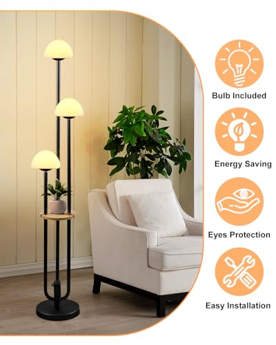Black Dimmable Floor Lamp with Table, Modern Floor Lamps with Mushroom Shades for Living Room, 3000K Warm White Tall Standing Lamp with Bulbs& 5Lbs Heavy Base for Bedroom/Office - color: 3 Mushroom-Black