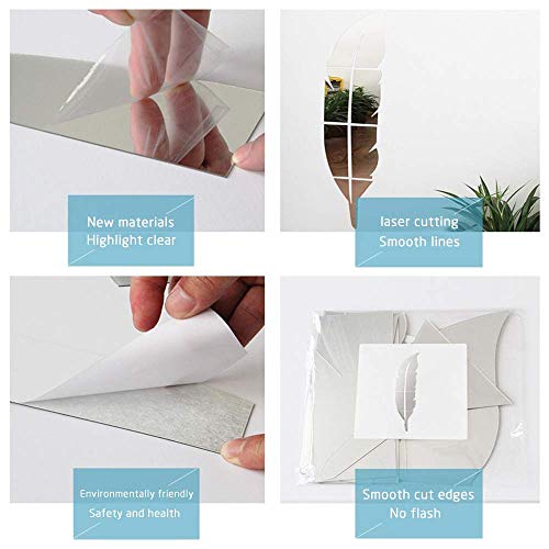 LZYMSZ 3D Acrylic Mirror Wall Decor Stickers, Feather Shaped DIY Self-Adhesive Wall Art Decals, Home Decorations for Living Room Bedroom Bathroom Office Kids Room(Silver