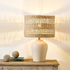 Maxax Boho Ceramic Table Lamp for Living Room, 21" Farmhouse Ceramic Bedside Lamp with Woven Rattan Shade, Coastal Rattan Bedroom Lamp for Nightstand - color: Beige