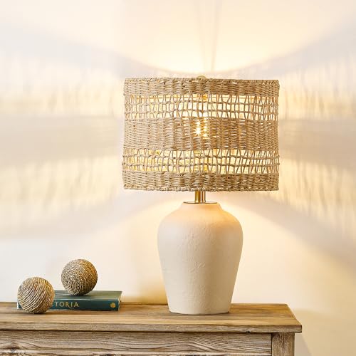 Maxax Boho Ceramic Table Lamp for Living Room, 21" Farmhouse Ceramic Bedside Lamp with Woven Rattan Shade, Coastal Rattan Bedroom Lamp for Nightstand - color: Beige