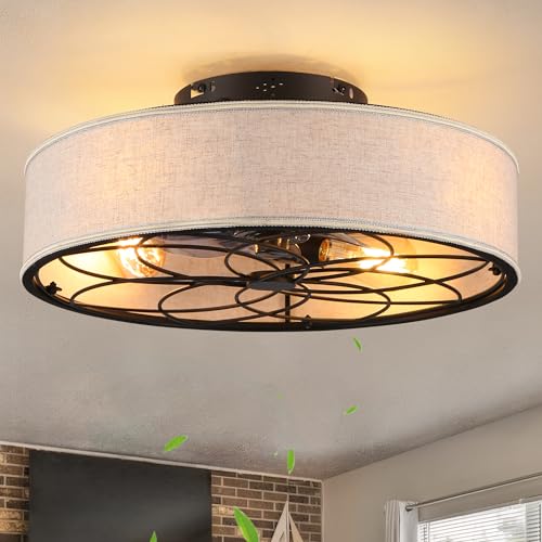 20" Caged Ceiling Fan With Light Low Profile Fabric Farmhouse Bladeless Ceiling fan With Remote Control,Low Profile Modern Enclosed Ceiling Fans with Reversible Motor for Bedroom,Include 4 Bulbs - color: Brown