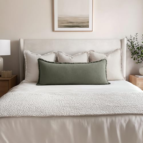 MIULEE Decorative Throw Pillow Covers Neutral Linen Fringe Throw Pillows Set of 1 Light Olive Green Boho Farmhouse Cushion Covers for Couch Sofa Bed Living Room Spring Home Decor 14x36 Inch - color: Light Olive Green