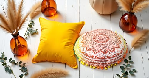 CRAFT KALA Boho Large Floor Pillow Pouf Cover Mandala Meditation Room Pillow Cover for Adults Round Bohemian Seating Pouf Cushion Cover for Kids Playroom 22" Yellow Orange Ombre - color: Yellow Orange, size: 22" x 22" (Pack of 1)