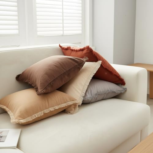 Sunday Praise Set of 2 Linen Fringe Decorative Pillow Covers 20x20 Inch Farmhouse Accent Boho Throw Pillow Cases with Tassels Cozy Soft Square Cushion Covers for Couch Sofa Bed Home Decor,Cocoa Brown - color: Cocoa Brown, size: 20" x 20" (Pack of 2)