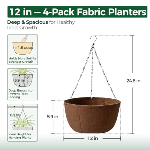 T4U Hanging Planters for Outdoor Plants, 12 Inch 4 Pack Fabric Hanging Baskets with Drainage Tray, Decorative Hanging Pots for Plants Outdoor Patio Porch Garden Use（Brown） - size: 12 Inch, 4-Pack