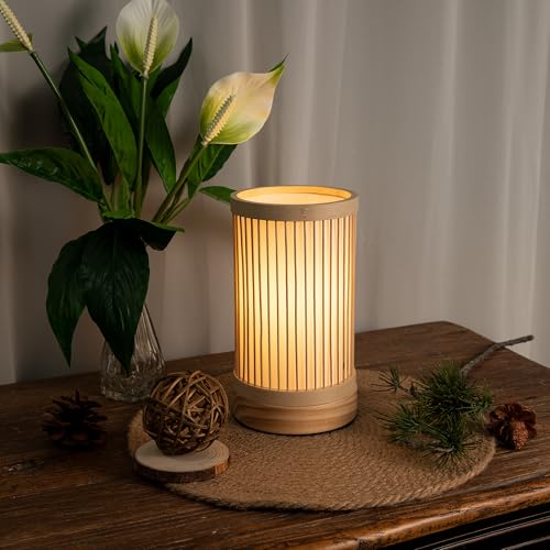 LUSHARBOR Bamboo Table Lamp, Small Boho Rattan Lamp Decorative with Dimmable Light, Woven Bedside Lamp for Bedroom, Cozy Nightstand Desk Lamps for Cafe/Entryway/Tabletop/Shelf Decor - style: USB-STRIP